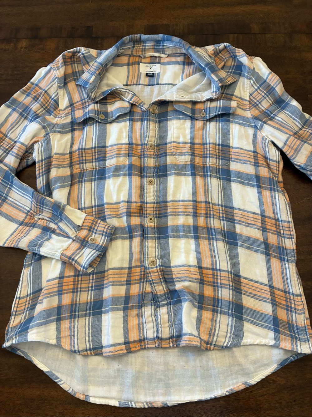 American Eagle Flannel Shirt Men’s Large Button Up Blue Orange Plaid